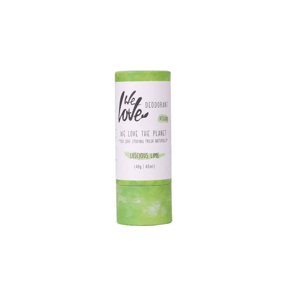 Pureday En roll-up stick af Økologisk deodorantstift - Lucious Lime - Vegansk 48g med limedesign på etiketten, isoleret mod sort baggrund.